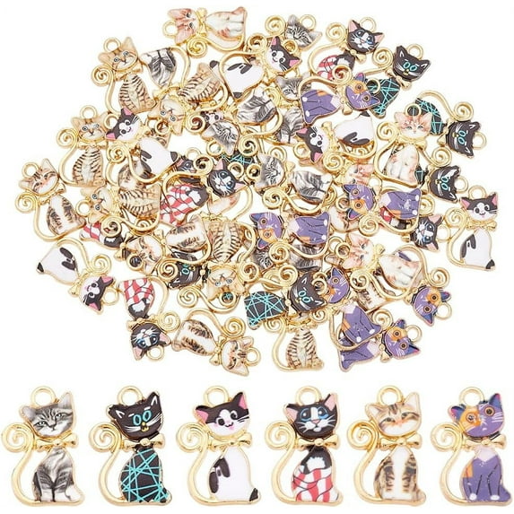 48Pcs 8 Styles Cute Kitten Charm Enamel Cat Charm Light Golden Cat Charm Cat with Bowknot