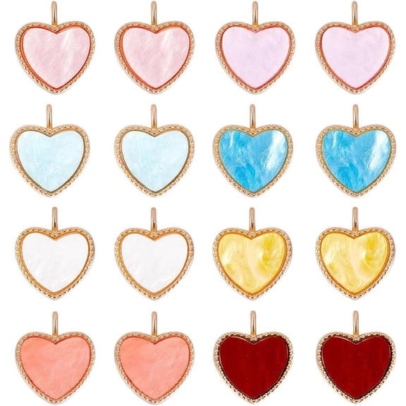 48Pcs 8Colors Acrylic Pendants with Light Gold Plated Alloy Findings Heart 18x16x3mm Hole: 2mm