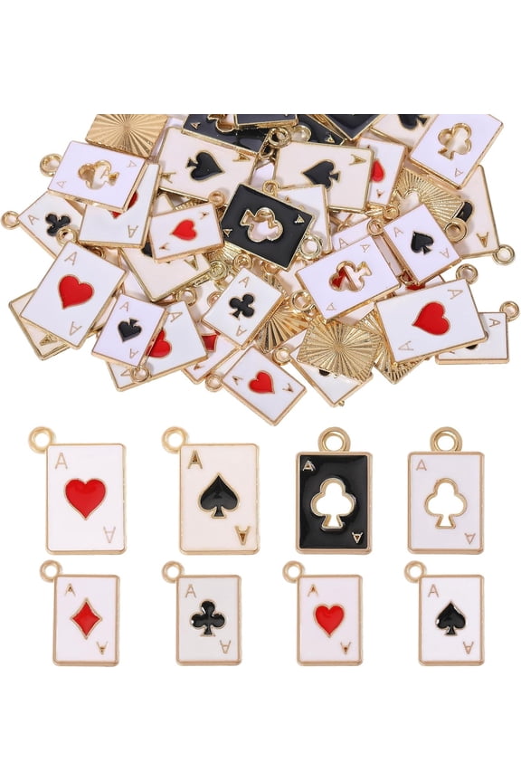 48Pcs 8Styles Poker Card Pattern Enamel Charms Playing Card Charms Metal Enamel Poker Card Charms Poker Card Charms Pendant Comes With a Storage Box DIY