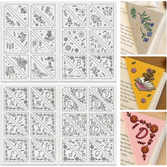 48Pcs A-Z Alphabet Flower Bookmark Embroidery Pattern Stabilizer 8.3"x11.7" Flower Vine Soluble Stick and Stitch Embroidery Sticker 4 Sheets Letter Water Hand Sewing DIY Embroidery Paper