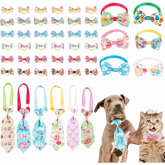 48Pcs Adjustable Puppy Neck Tie Easter Pet Tie Collar Set Cat 6pcs Bowknot Collars 36pcs Elastic Hair Tie for Easter Dog Cat Decoration Supply Colorful DIY