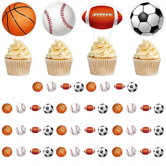 48 Pcs Sports Cupcake Toppers, Basketball Soccer Baseball Football Cake Picks, Paper Cake Decorations for Birthday Party, Sports Theme Celebration Supplies