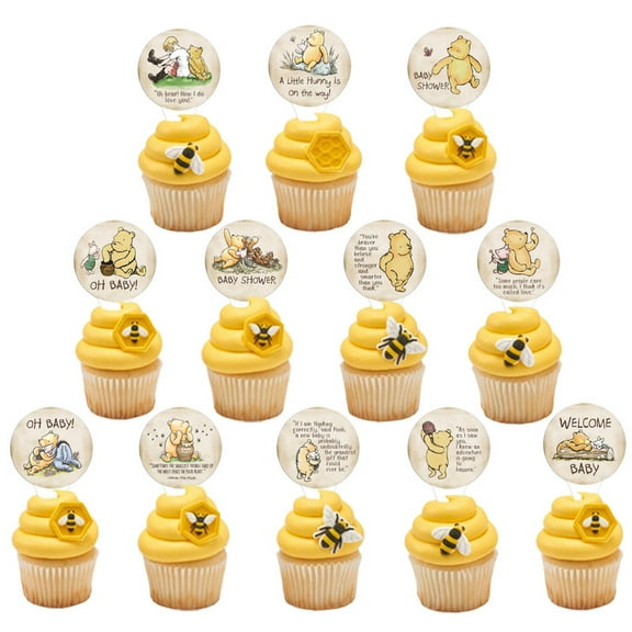 48Pcs Bear Themed Cupcake Toppers,Classic Winnie Stuff for Baby Shower/First Birthday Party Decorations