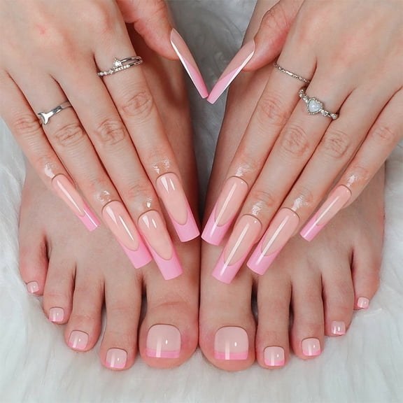 48Pcs Black French Tips Press on Toenails Pink Press on Nails Short Square Fake Nails with Designs Nude Pink Fake Toenails Full Cover Glossy Reusable Summer False Nails for Women DIY Manicure