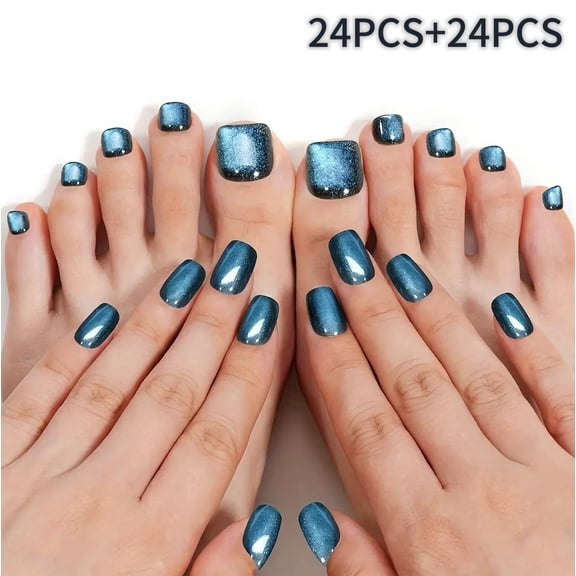 48Pcs Blue Cat Eye Press On Nails & Toenails Kit, Short Square Fake Nails with Tools, Complete Nail Art Kit for DIY Manicure & Pedicure