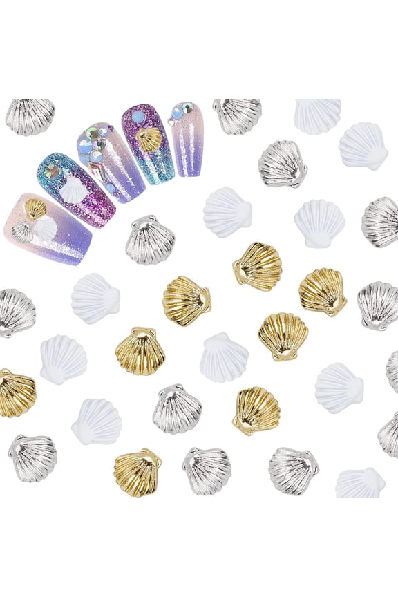 48Pcs/Box Sea Shell Nail Charms 3D 3 Colors Summer Ocean Luxury Seashell Gold Silver White Nail Gems Metal Alloy Flat Punk Studs Decor for Women Nail Art Craft Jewelry Decor Accessories colorful DIY