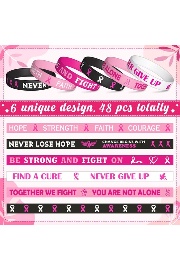 48Pcs Breast Cancer Awareness Silicone Bracelets Set Motivational Rubber Wristbands for Women Girls