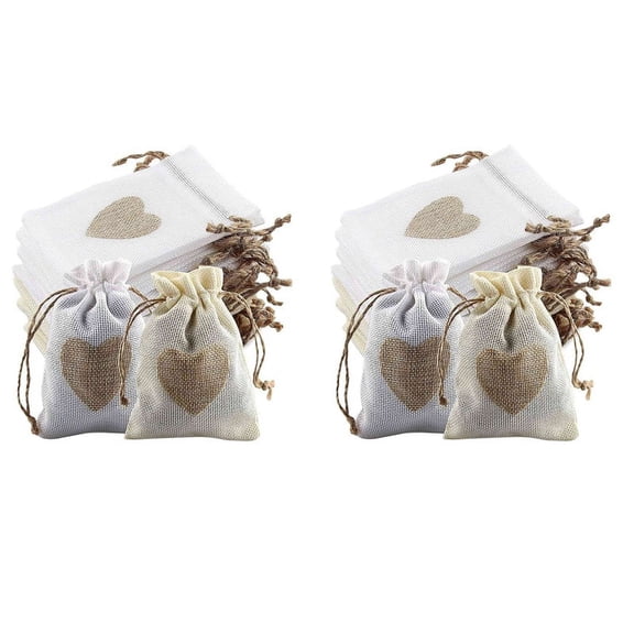 48Pcs Burlap Pouches with Drawstring and Heart Pattern Candy Gift Bag Jute Pouch Baptism Bag Wedding for Stuffing Bag