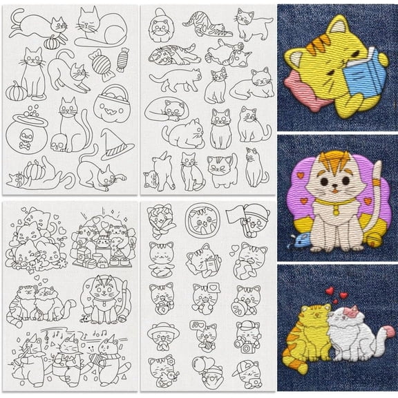 48Pcs Cat Playing Embroidery Pattern Stabilizer 8.3"x11.7" Cute Kitten Water Soluble Stick and Stitch Embroidery Sticker 4 Sheets Kitty Hand Sewing DIY Embroidery Paper Mixed ColorDIY