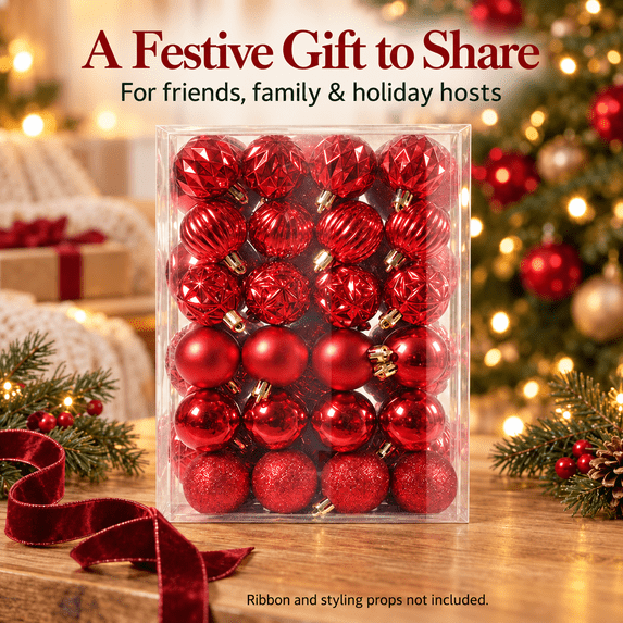 48Pcs Christmas Tree Bauble Ornaments Set, Red Shatterproof Hanging Balls, 1.57in & 2.36in Xmas Tree Decor, Holiday Party Home Indoor Decor