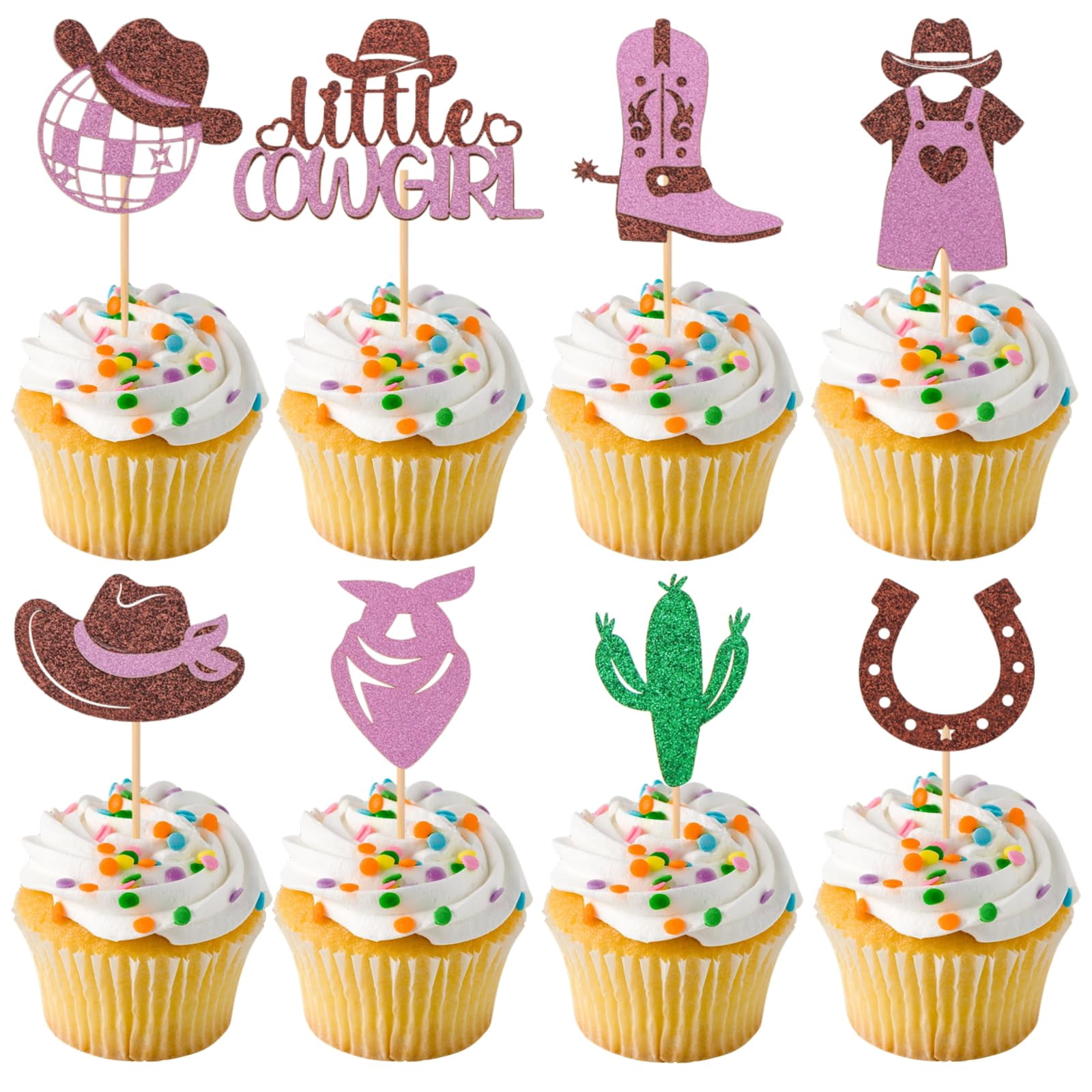 24 Stück Cowgirl Cupcake Topper – Lila & Rotgold Glitzer Hüte & Stiefel Für Western Party Deko