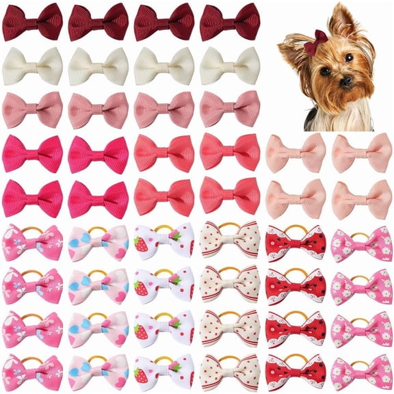 48Pcs Dog Hair Bows Small Cute Puppy Bowknot Hair Bows with Clips Rubber Bands Handmade Bulk for Doggies Dogs Cat Kitten Rabbit Pet Grooming Accessories Gift Birthday Party 12 Styles