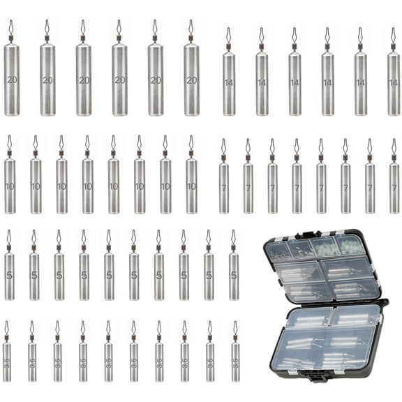 48Pcs Drop Shot Weights Set, Slim Pencil Style Lead Fishing Weights Sinkers Kit for Dropshot Rigging 6 Sizes Assorted with Barrel Swivel and Rig Beads