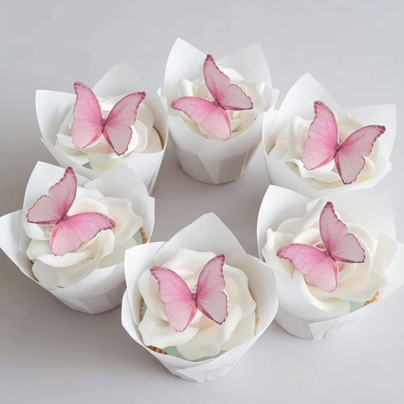 48Pcs Edible pink Butterfly Cupcake Toppers, Wafer Paper Butterflies Cake Decorations for Wedding, Birthday, Baby Shower & Party Desserts