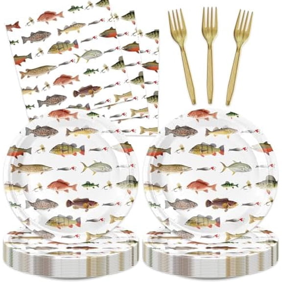 48Pcs Go Fishing Birthday Party Decorations - Ofishally One Gone Fishing Paper Plates Napkins Forks Birthday or Baby Shower Supplies Set for 16 Guests