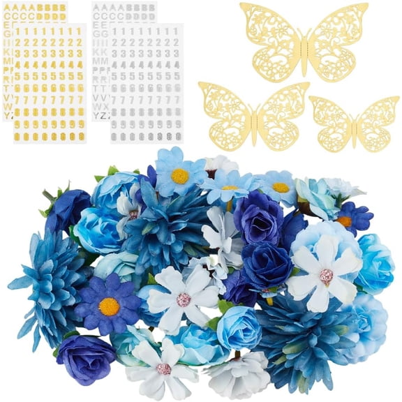 48Pcs Graduation Caps Decoration Kit Artificial Flower Hollow Butterfly Stickers Alphabet Letter Number Blue Cloth Flowers for DIY Grad Caps Topper
