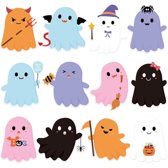48Pcs Halloween Ghost Cutouts, Cute Ghost Paper Cut Outs Halloween Cutouts Bulletin Board Decor for Trick or Treat Home Office Classroom Chalkboard Window Wall Door Decor