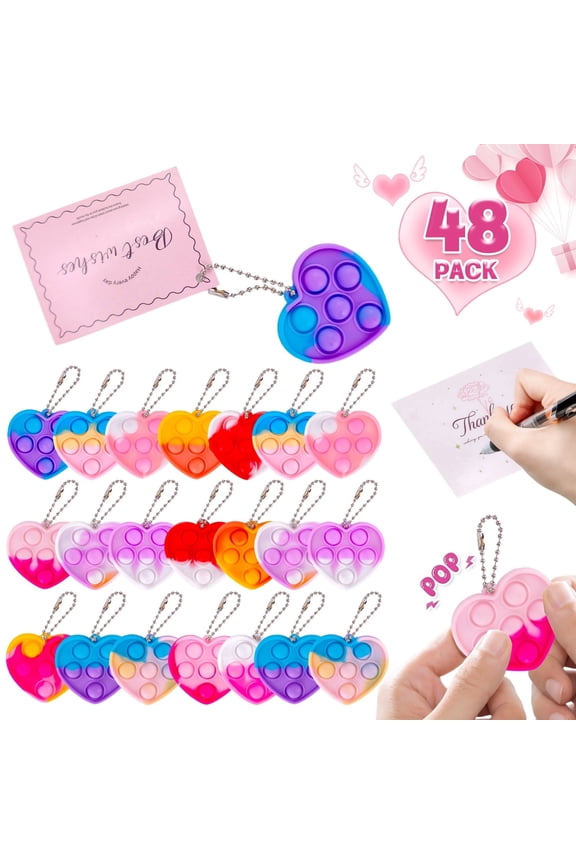 48Pcs Heart Pop Fidget Keychain Toys Bulk, Valentine Easter Party Favors for Kids, Sensory Stress Reliever Anti-Anxiety Toys, Birthday Carnival Bag Fillers Classroom Prizes