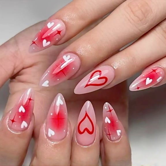48Pcs Heart Press on Nails Medium Almond Artificial Acrylic Fingernails Translucent Red Love with Blush White Love Full Cover Glossy False Nails Valentines Stick on Nail for Women Festival Manicure