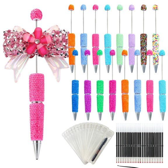 48Pcs Jelly Beadable Pen Kit 16 Fluorescent Rhinestone Pens with Black Refills & Bags, DIY Crystal Craft Pens