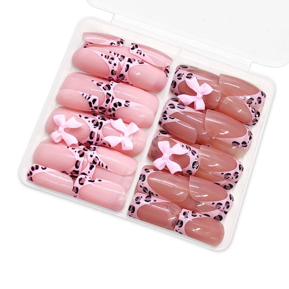 48Pcs Leopard Print French Tip Square Glossy Press On Nail with Bows for Party