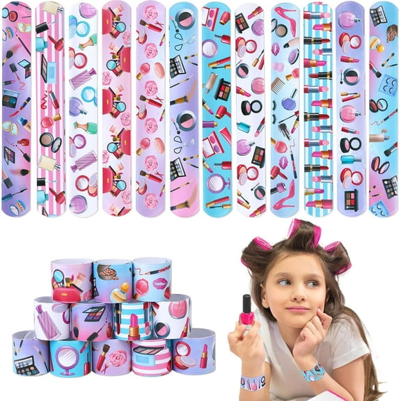 48Pcs Makeup Slap Bracelets, Spa Party Favors Wristbands Pink for Girls Spa Makeup Princess Birthday Party Decorations(12 Styles)