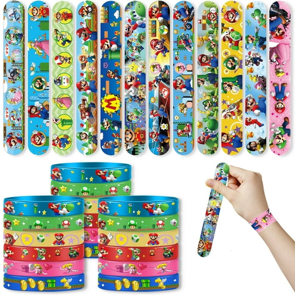 48Pcs Mario Party Set -24 Slap Bracelets and 24 Wristbands, Mario Themed Birthday Supplies, Baby Shower Gifts, Classroom Rewards, and Children's Party Decorations