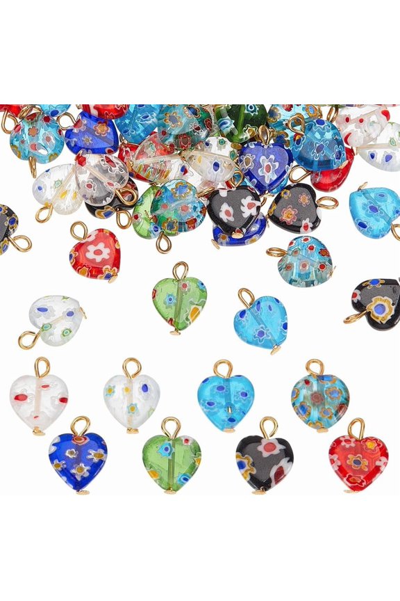 48Pcs Millefiori Lampwork Charms 16mm Lampwork Glass Pendants Colorful Spacer Loose Dangle Charms with Iron Loop for DIY Earring Necklace Jewelry Making Colorful