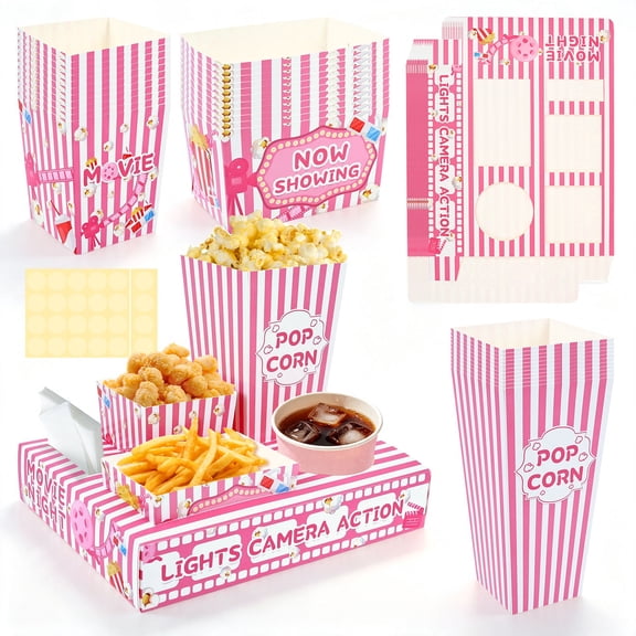 48Pcs Movie Night Paper Party Kit Snack Trays Popcorn Boxes Home Theater Pink