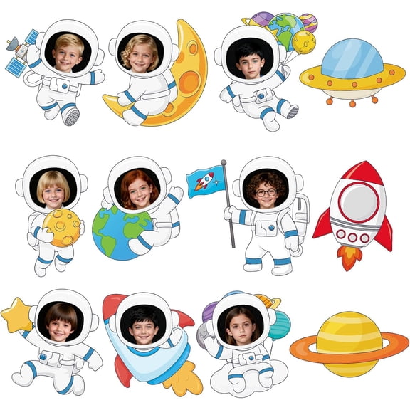 48Pcs Outer Space Cutouts, Colorful Rocket Planet Astronaut Cutouts DIY Photo Craft Bulletin Board Decorations for Outer Space Party Home School Classroom Chalkboard Wall Decor