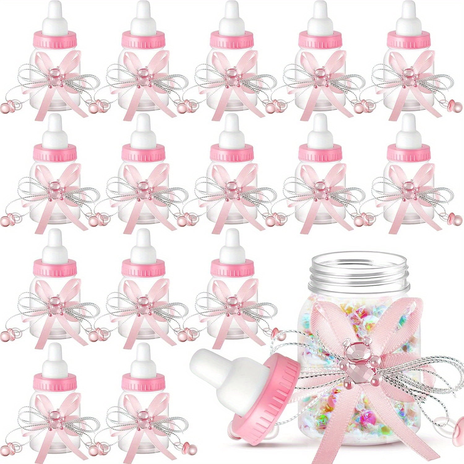 48Pcs Plastic Baby Bottles, Baby Shower Favors, Clear Mini Milk Bottles With Pink And Blue Ribbon And Cap, 3.54×1.57Inch, For Baby Shower Party Favors, Wedding Guest Gifts, Birthday Decorations