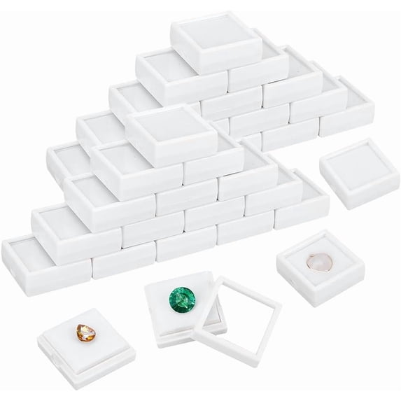 48Pcs Plastic Jewelry Loose Diamond Gems Storage Boxes with Velvet Inside & Clear Window Square White 4x4x1.5cm