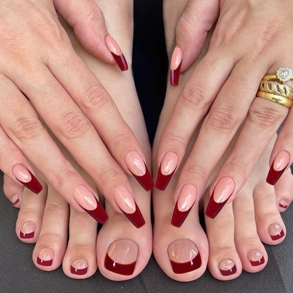48Pcs Press on Nails Toenails French Nail Tips Medium Length Flase Nail Finger Toe Nails Red Glossy Acrylic Fake Nail with Designs (Red French