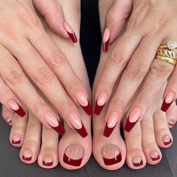 48Pcs Press on Nails Toenails French Nail Tips Medium Length Flase Nail Finger Toe Nails Red Glossy Acrylic Fake Nail with Designs (Red French
