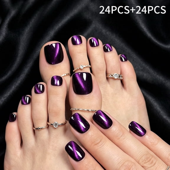 48Pcs Purple Cat Eye Press On Nails & Toenails Kit , Short Square Glossy Fake Nails Kit with Glue , Salon-Grade Magnetic False Nails for Manicure & Pedicure