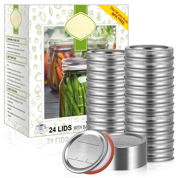 48Pcs Regular Mouth Canning Lids with Bands, Mason Jar Acssories forStorage, Silicone Seal for Pickling Fruits Veggies, Silver