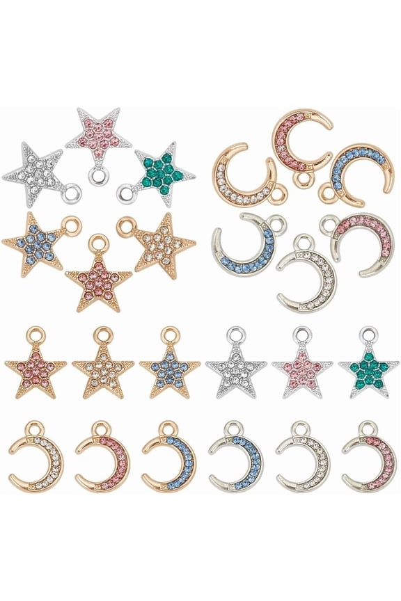 48Pcs Rhinestone Moon Charms Alloy Star Cubic Zirconia Pendants 12 Styles Celestial Dangle Decor Charms for DIY Bracelet Earring Necklace Jewelry Making Crafting Accessories Colorful