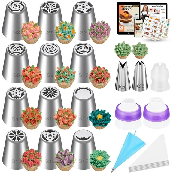 48Pcs Russian Piping Tips Set, Piping Bags and Tips Set with 12 Russian Tips, 2 Icing Tips, 30+1 Pastry Bags, 3 Couplers for Cake Decorating, Cupcake, Cookie, Baking