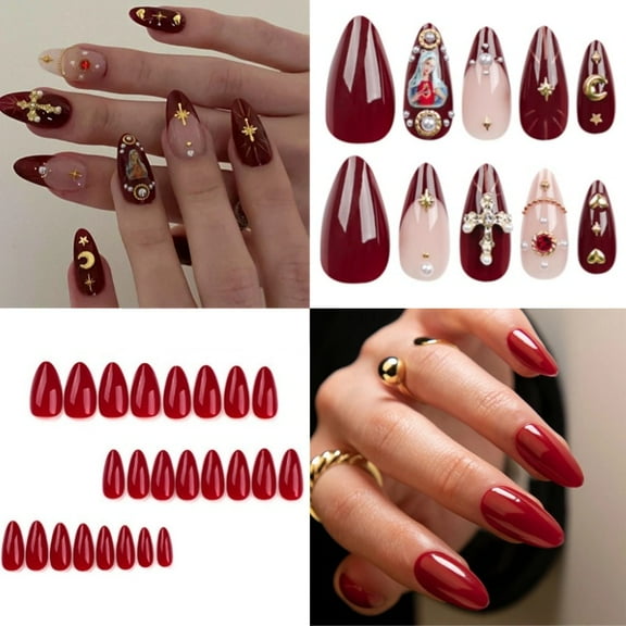 48Pcs Spring Press On Nails Short Almond Wine Red Nail Tips Acrylic Nail Kit Nail Charms French Nail Art Fake Nails 3d Heart Charm Metallic Ball Design Stiletto Manicure Stick On False Nails