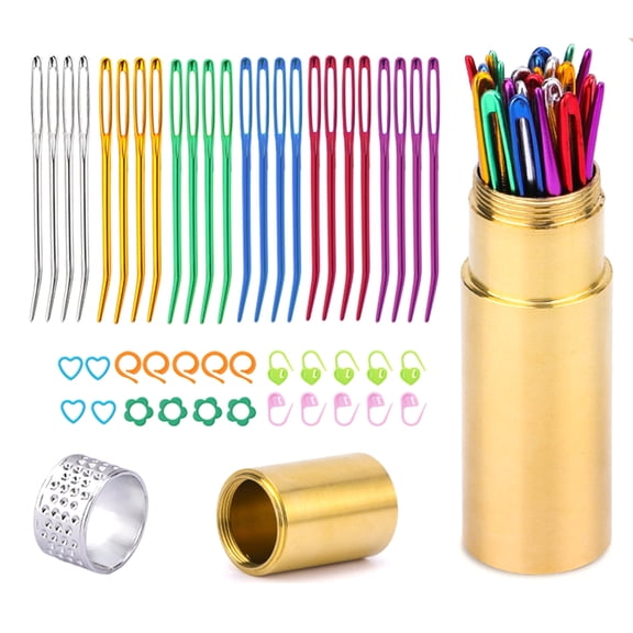 48Pcs Big Eye Curved Needle Set 24 Stainless Steel Bent Tip Tapestry Needle 19 Knitting Stitching Marker for Beginner