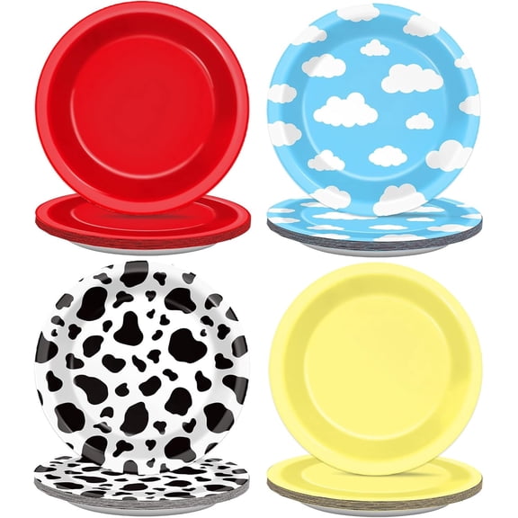 48Pcs Story Birthday Party Paper Plates for Toy Inspire Game Story Table Supplies 7" Cow Print Sky Blue Cloud Disposable Dessert Tableware for Kids Birthday Baby Shower Party Decorations