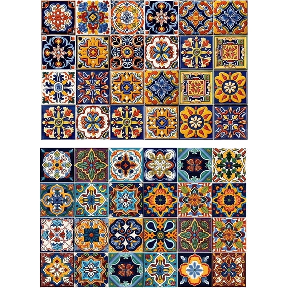 48 Pcs Peel and Stick Vinyl Tile Wall Decals, 4 x 4 Inch Moroccan Style Stickers for Kitchen and Bathroom, Home Decor for Adults