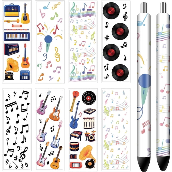 48Pcs UV DTF Pen Wraps Transfer Decal 8 Styles Music Note Musical Instrument Guitar 4.71.6in HD Print Waterproof Coated Paper Stickers