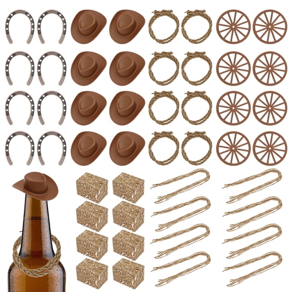48Pcs Western Cowboy Party Decor Set Mini Hay Bale Wagon Wheel Horseshoe Hemp Rope Vintage Layout for Wild West Rodeo Birthday Table Centerpiece Photo Booth Ornament