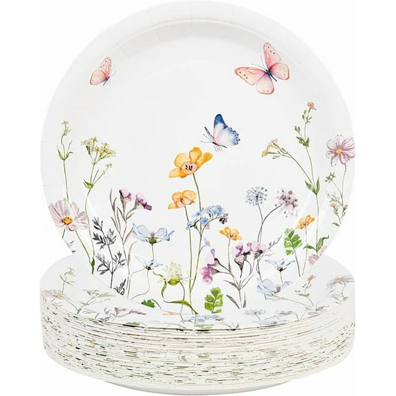 48Pcs Wildflower Paper Plates Watercolor Floral Disposable Party Dessert Plate 7" Rustic Botanical Butterflies Plates for Spring Summer Bridal Baby Shower Tea Party Supplies (48)