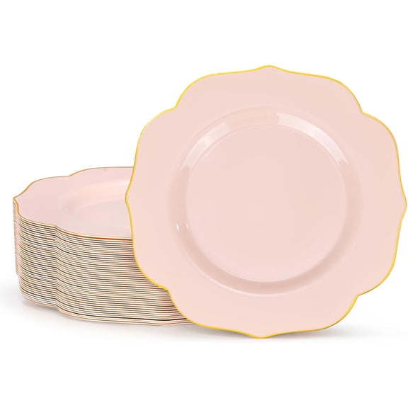 48Pieces Pink Plastic Dessert Plates - 7.5inch Premium Hard Pink with Gold Rim Small Cake/Salad/Appetizer Plates Disposable for Wedding, Party, Shower & Easter