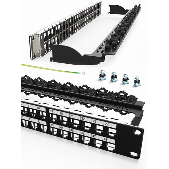 48Port Blank Keystone Patch Panel Rackmount&Wall Mount 1U 19-inch Network RJ45 Patch Panel (for Slim Keystone Jack) with Cable Management (No Cable Tie Required) for Gigabit Network