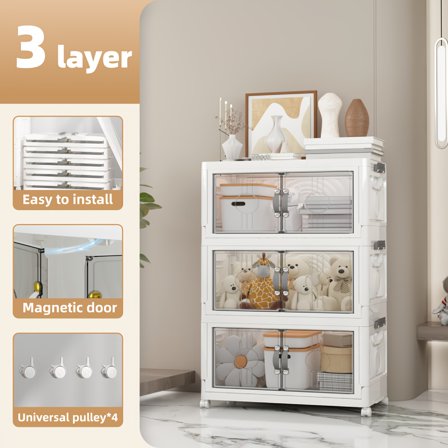 48QT Heavy-Duty White Plastic Folding Storage Cabinet with Locking Doors & 4-Wheel Mobility - Collapsible Freestanding Organizer for Home,, Pantry,, RV - Easy Assembly, Large Capacity Shelving