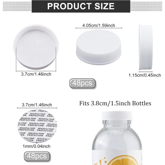 48Sets 1.5 inch Plastic Bottle Caps Replacement White Bottle Protection Lids with Pressure-sensitive Pads for Sealing Drink Bottle Replacement Covers Craft Projects