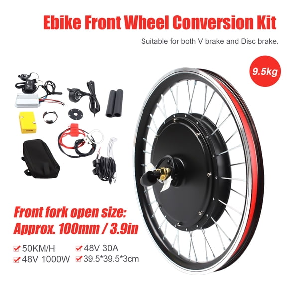48V 1000W Brushless Front Motor Kit for 20" Bike, 50km/h Speed, V/Disc Brake, Thumb Throttle, Pedal Assist, LED Display, Waterproof Wiring